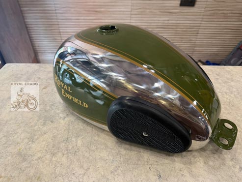 Royal Enfield Vintage G2 Style Chrome Aluminium Fuel Tank – Non-rusting, Olive Green Painted With Knee Pads – For Classic, Electra & Standard Uce Models