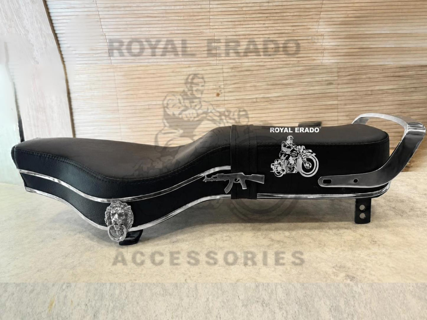 Royal Enfield Seat With Chrome Lion & Ak-47 Rifle Gun Logo, Chrome Seat Handle & Chrome Plastic Beading For The Classic Electra Standard Vintage G2 1962 Old-model Bullet 350.