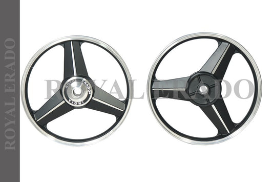 ROYAL ERADO Imported Mercedes Diamond black Alloy Wheel Set BIG drum brake | For Splendor I3S N SPLENDOR PLUS N SPLENDOR PRO / hf deluxe / passion / passion pro / super splendor / hero Honda new model splendor (front 18” drum and rear 18” big drum)