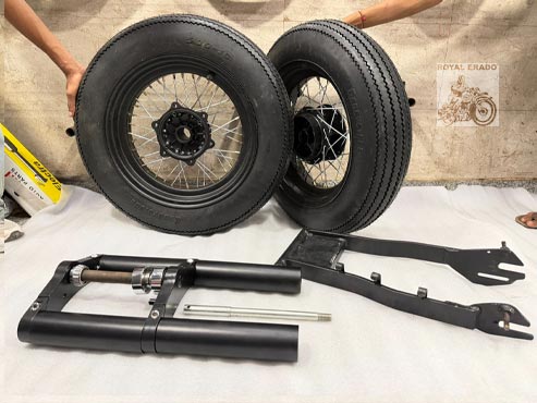 Harley Style Bobber Kit With Front And Rear Wheel & Balloon Tyre  (Tyre Size 16" By 5") Front Front Fork & Broad Swing Arm, Harley Style Handlebar For Royal Enfield Classic Electra Standard Thunderbird