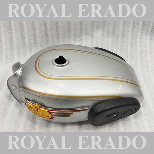 Vintage G2-style Silver Tank With Monogram, Knee Pad & Golden Lining For 1962 Old Model Bullet 350 Classic Electra Standard Cast Iron Engine ( Before 2012 Model )