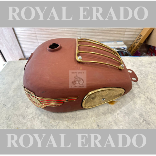 Royal Enfield 18 to 20 liter tank without paint, brass knee pads brass monogram  brass grill for classic (BS3-BS4) Electra and standard n vintage g2 1962 old model bullet 350.