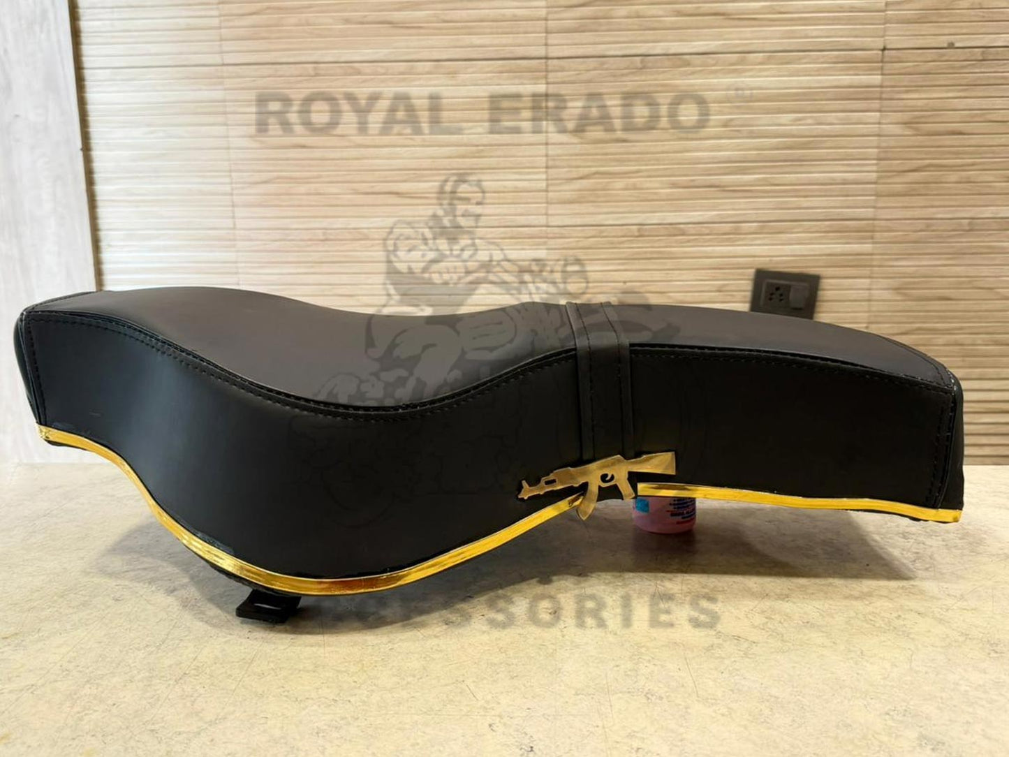 Vintage G2 1962 Old Model Bullet 350 Style Indore Seat With Golden Beading & Brass Gun Ak-47 Logo Royal Enfield For Classic Electra Standard