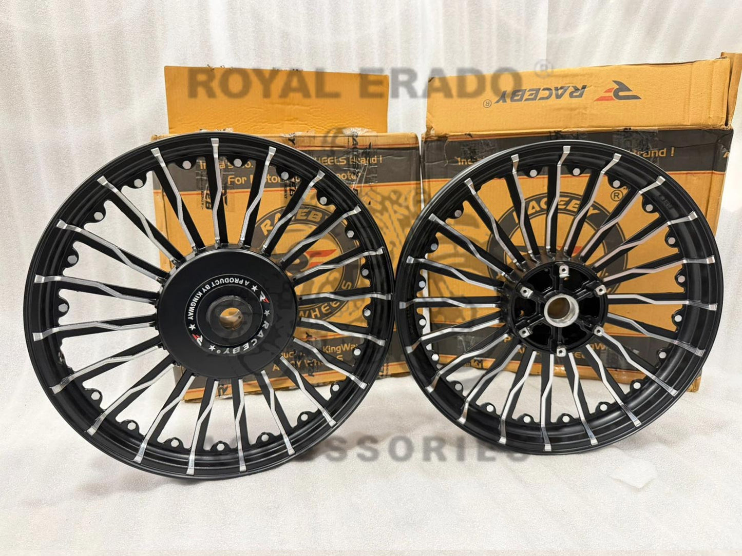 Kingway Raceby 20 Spokes Harley Design Alloy Wheel Set For Royal Enfield Classic Double Disc And Thunderbird (Front 19” Disc & Rear Disc 18")