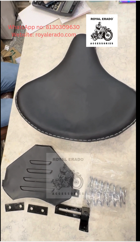 Royal enfield old model vintage g2 1962 model bullet 350 standard electra front broad harley style seat , bobber seat , Kabir Singh style seat with spring and engine base plate / front seat electric wire plate cover under front seat