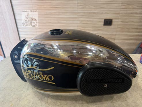 Royal Enfield Vintage Machismo Style 14 Gauge Chrome Aluminium Fuel Tank – Non-rusting, Black & Chrome With Gold Pinstripes & Knee Pads – For Classic, Electra, Standard, Vintage G2