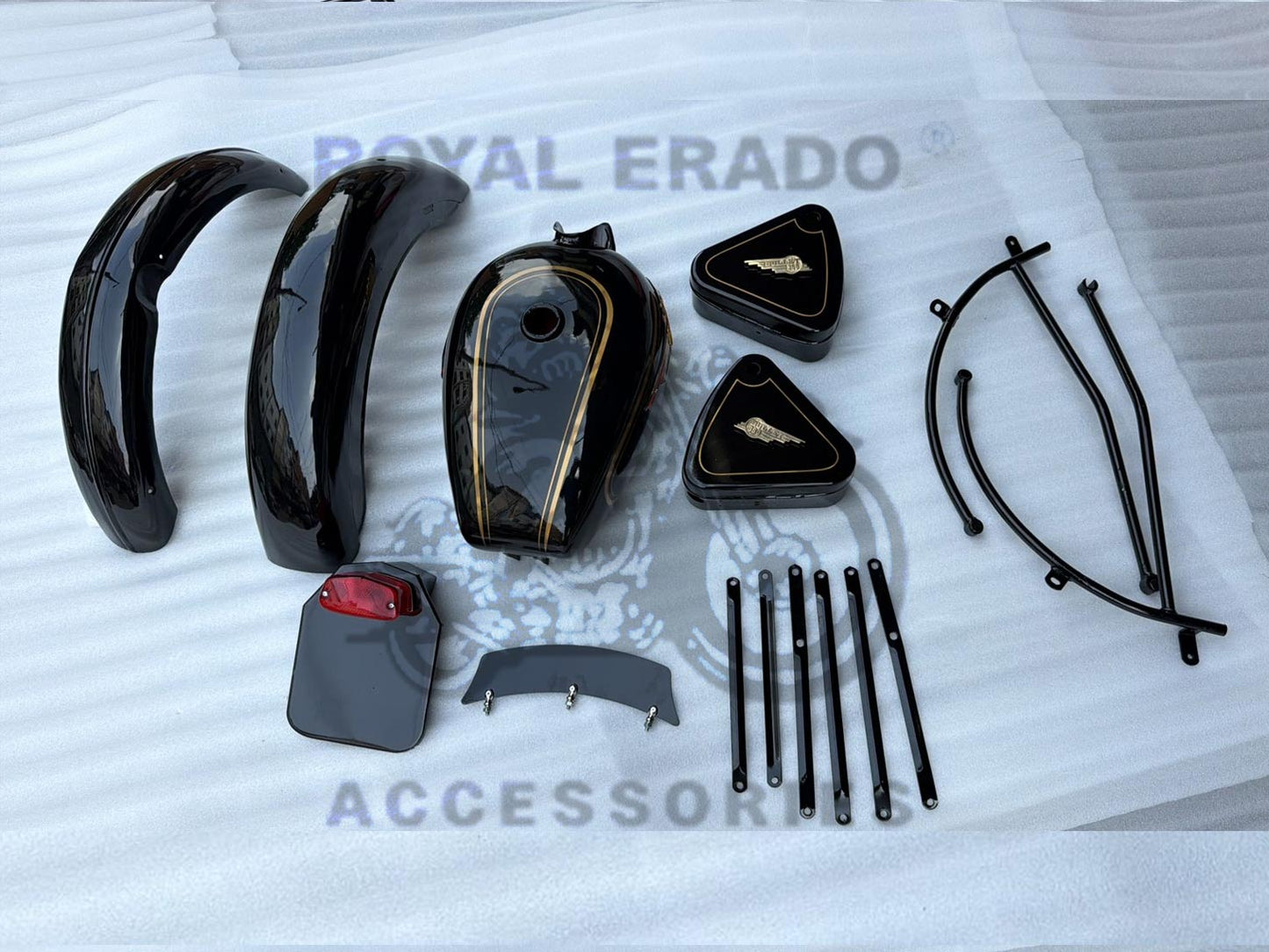 Vintage G2 Indore kit black, 1962 old model Bullet 350 kit (G2 mudguard with front and rear stays & front & rear number plate with tail light, G2 tank with monogram & toolbox flat for Royal Enfield Classic Electra Standard before 2013 model