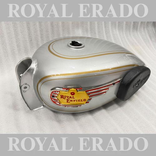 Vintage G2-style Silver Tank With Monogram, Knee Pad & Golden Lining For 1962 Old Model Bullet 350 Classic Electra Standard Cast Iron Engine ( Before 2012 Model )