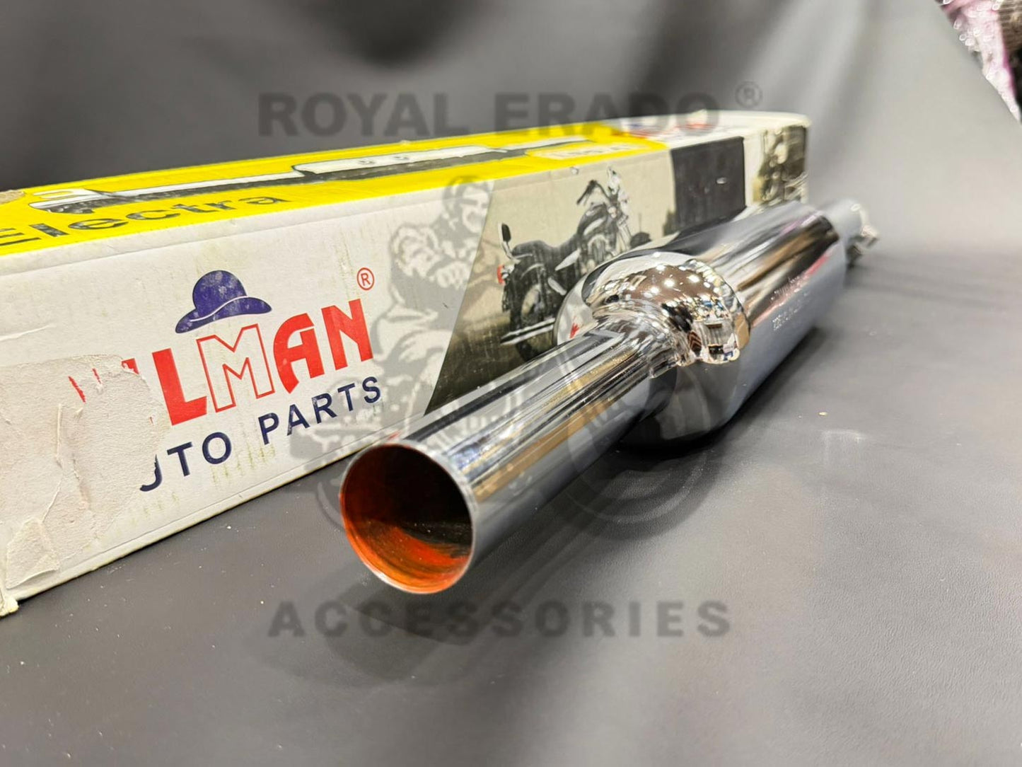Silman Company Indore Silencer Medium Sound With Filter Baffle Chrome Exhaust For Royal Enfield Short Bend Pipe CI Engine Standard Electra