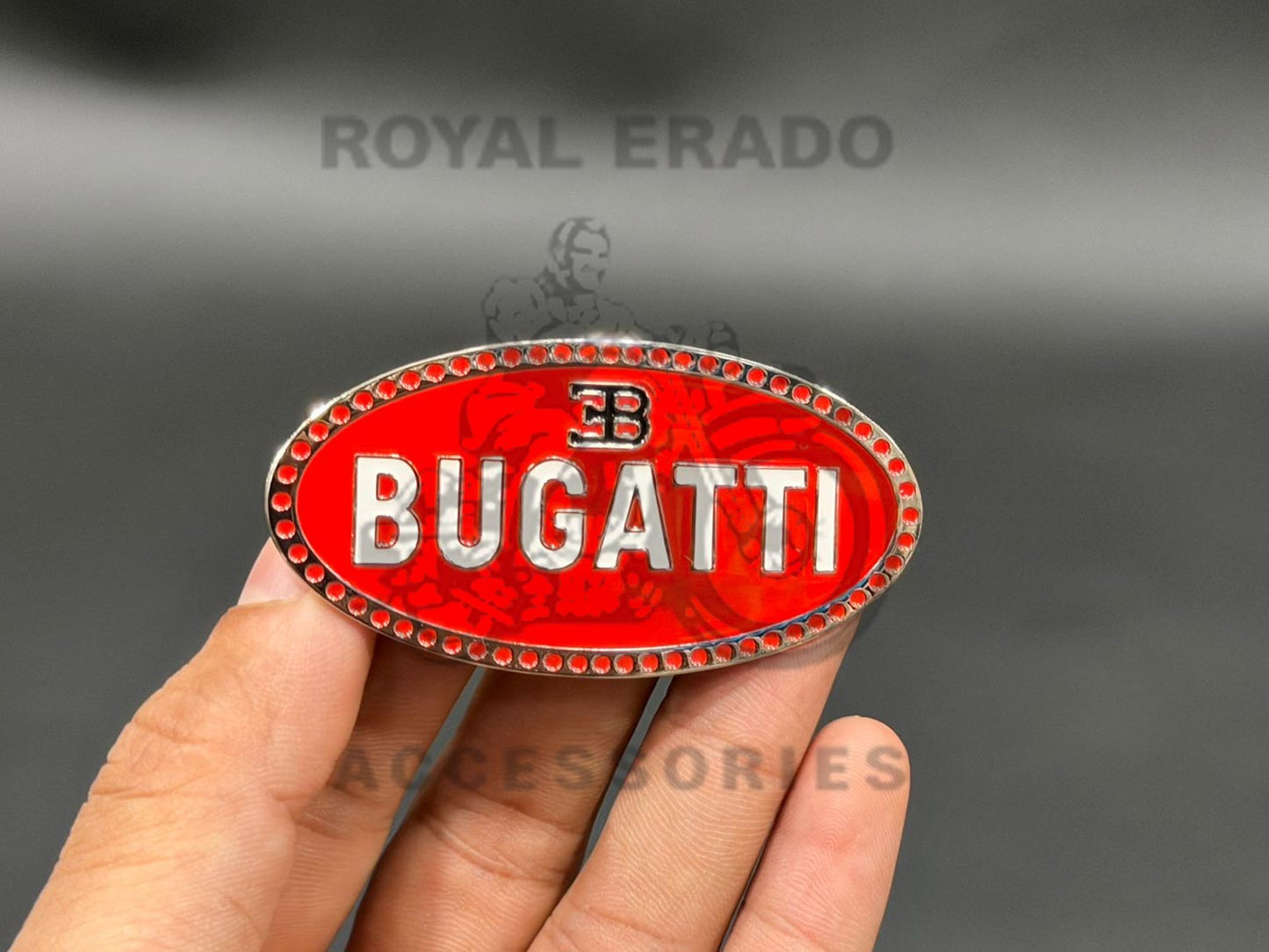 Bugatti Luxury Car Logo Badge Universal Fit To Toolbox Rear Mudguard, Number Plate, Air Filter Box, Battery Cover For Royal Enfield Reborn Classic Electra Standard Battalion