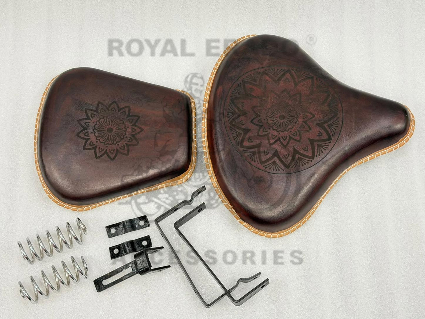 Royal Enfield Vintage G2 1962 Old Model Bullet 350 Kabir Singh Style Dark Burgundy Brown Leather Engraved Embossed Front Solo Seat (Arjun Ready Seat) For Classic Electra Standard Reborn Classic