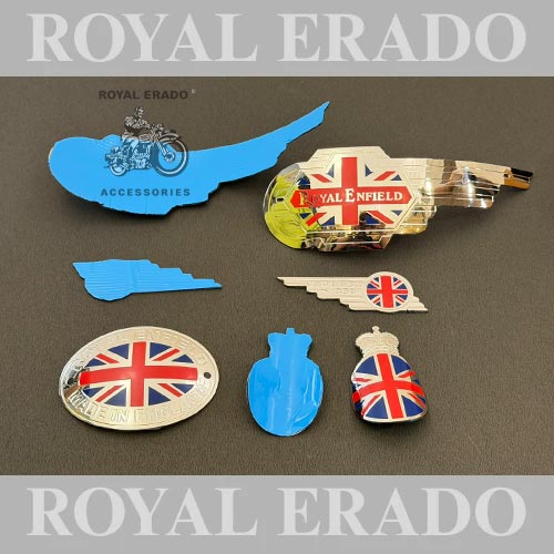 Made In England &nbsp;chrome Kit With Tank Monogram, Rear Mudguard, Cad &amp; Toolbox Bullet 350 Monogram , Rear Shocker Crown Monogram Logo Badge For Vintage G2 1972 Old Model Bullet 350 Royal Enfield Classic, Electra, Standard Reborn Classic