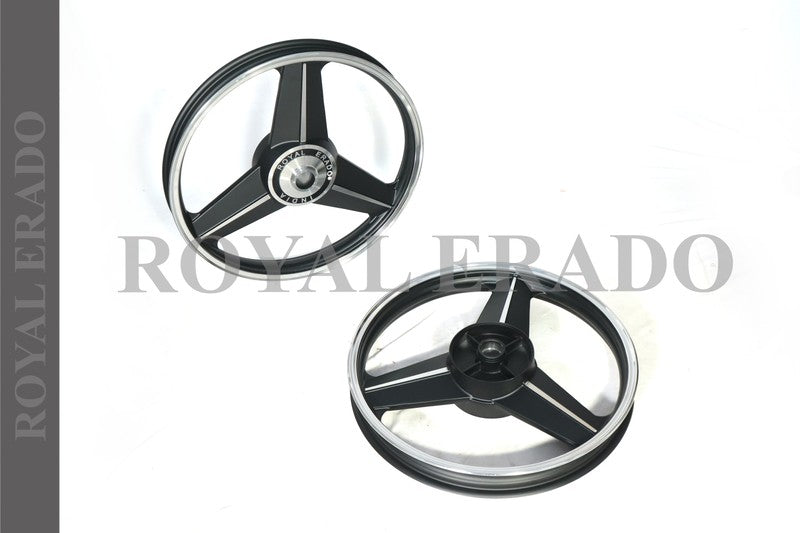 ROYAL ERADO Diamond black Alloy Wheel Set rear small drum brake | For Splendor old with small drum rear / SPLENDOR PLUS / splendor pro / super splendor / hf deluxe / hero Honda old model splendor  (  front 18” drum and rear 18” small drum )