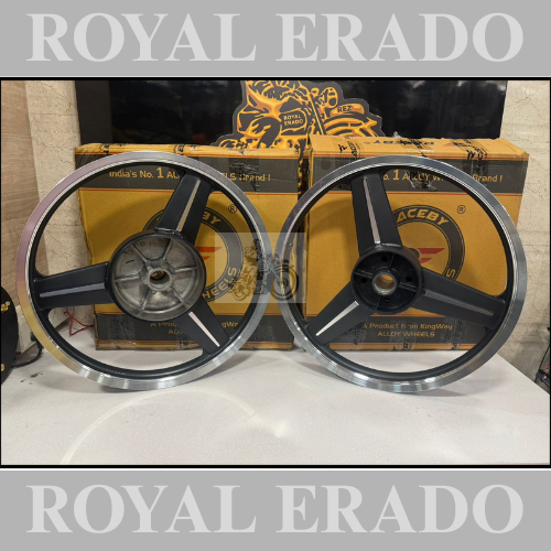 KINGWAY RACEBY DIAMOND MERCEDES DESIGN BLACK ALLOY WHEEL FOR STANDARD BIG DRUM vintage royal enfield standard g2 1962 cast iron engine  ( front 19” big drum and rear 19” drum)