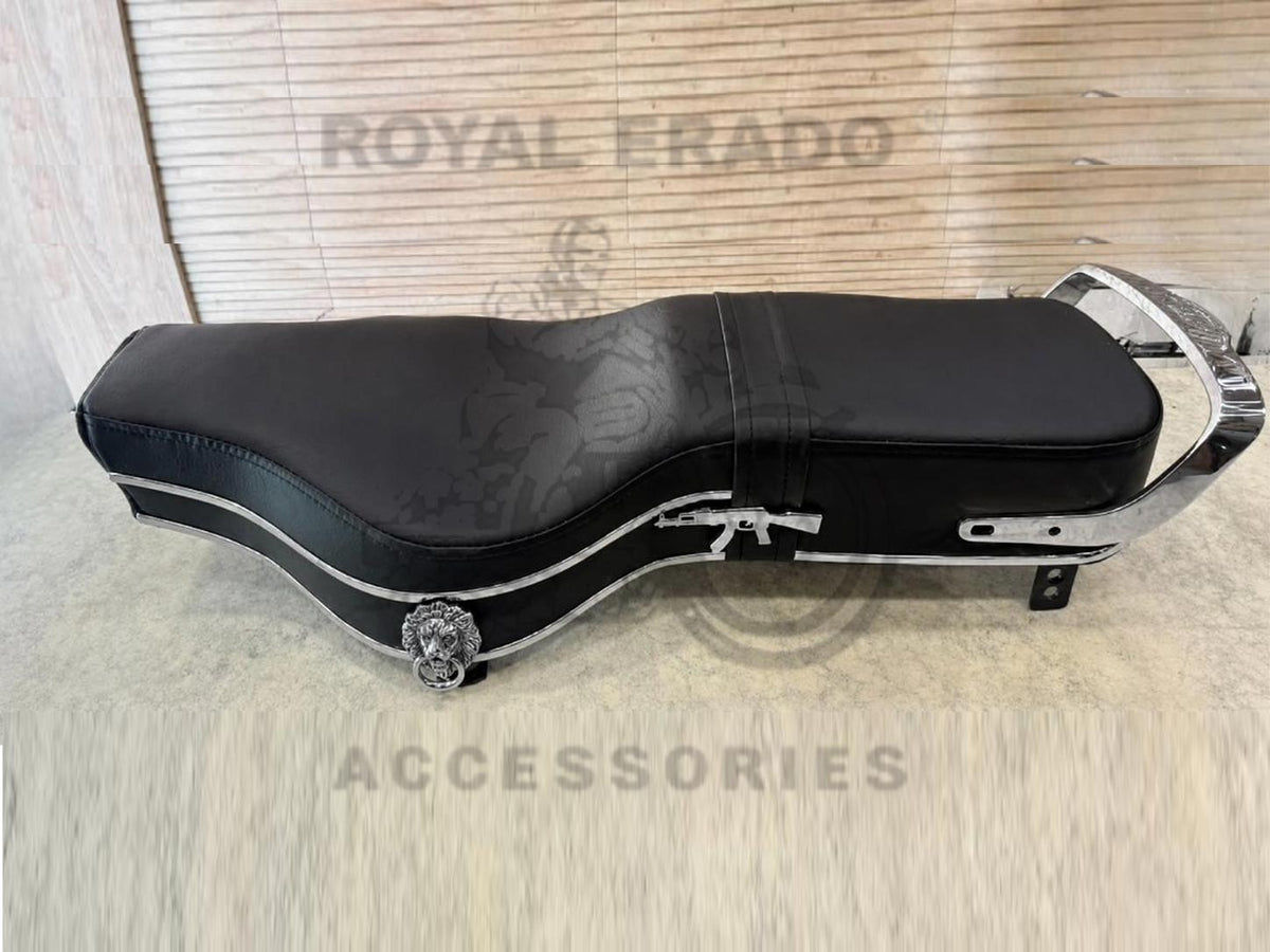 Royal Enfield Seat With Chrome Lion & Ak-47 Rifle Gun Logo, Chrome Seat Handle & Chrome Plastic Beading For The Classic Electra Standard Vintage G2 1962 Old-model Bullet 350.
