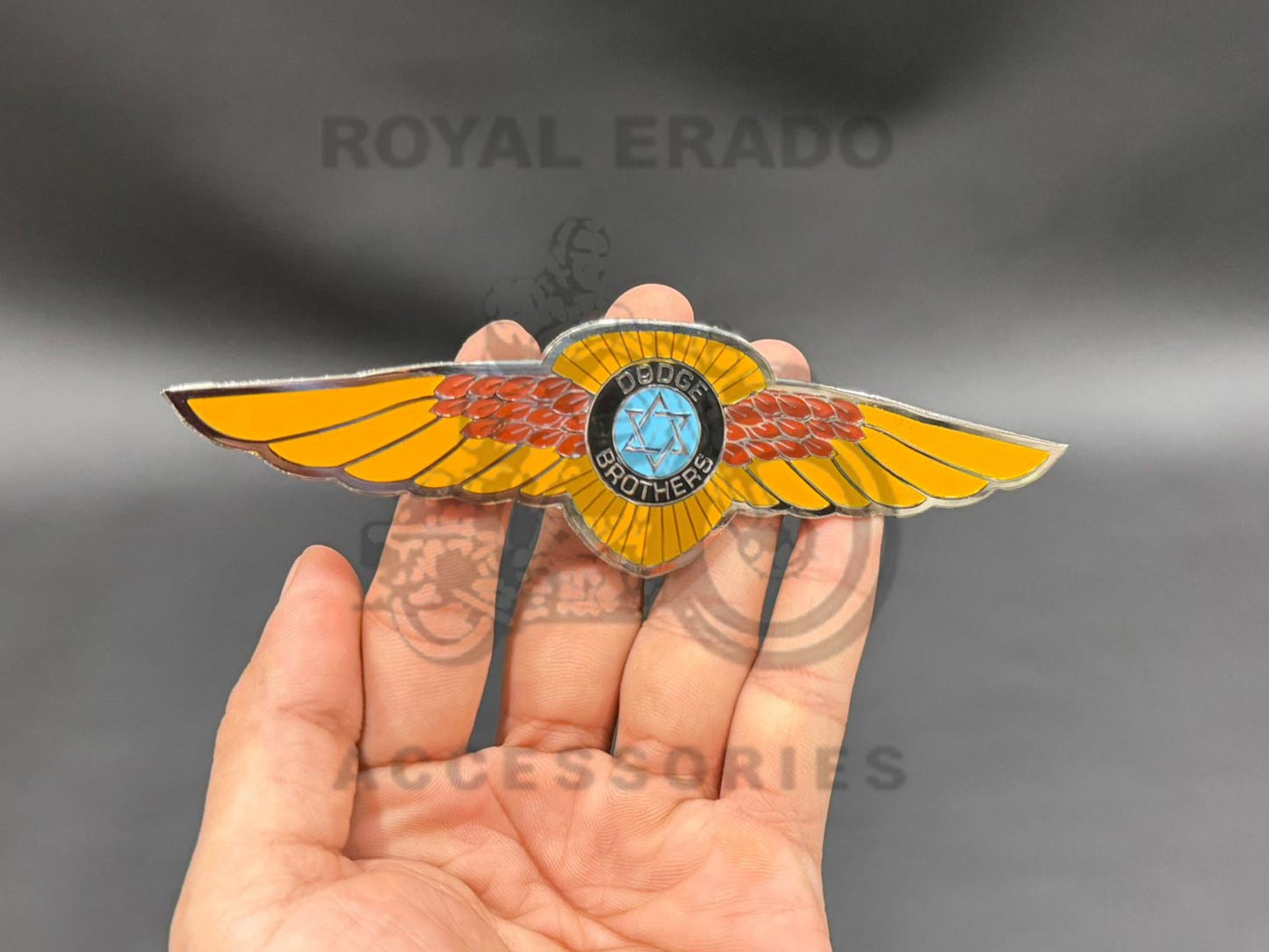 Vintage Dodge  Luxury Car Logo Badge Universal Fit To Toolbox Rear Mudguard, Number Plate, Air Filter Box, Battery Cover For Royal Enfield Reborn Classic Electra Standard Battalion