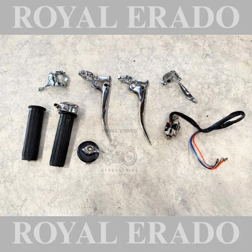 Royal Enfield Vintage G2 1962 Old Model Bullet 350 Standard Cast Iron Engine Handle Lever Kit In Chrome (Old Model Levers, Decompressor Lever, Horn Dipper Switch, Headlight Switch With Chrome Knob, Old Model Throttle Grip, Choke Lever)