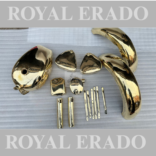 Royal enfield old model bullet 350 g2 1962 standard electra complete brass golden kit with brass tank , mudguard tool box oval air filter box battery cover , front shocker cover and front stays