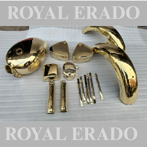 Royal enfield old model bullet 350 g2 1962 standard electra complete brass golden kit with brass tank , mudguard tool box oval air filter box battery cover , front shocker cover and front stays