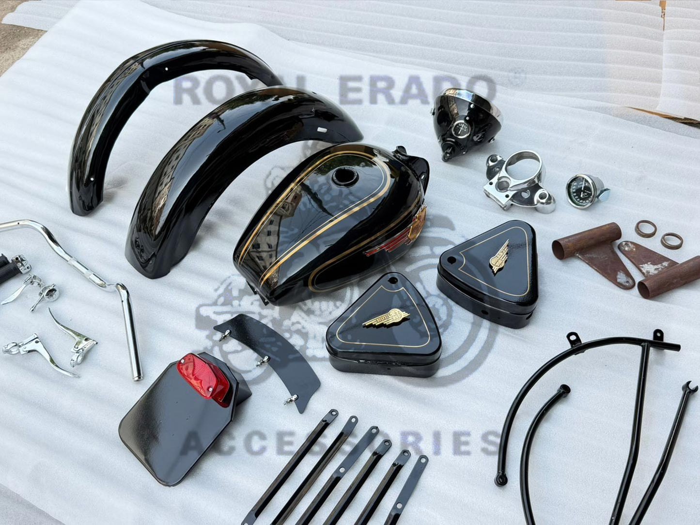 Vintage G2 Kit Indore Kit In Black (G2 Mudguard With Front And Rear Stays & Front & Rear Number Plate With Tail Light, G2 Tank With Monogram & Toolbox, Lever Handle Kit & G2 Head Light Assembly)