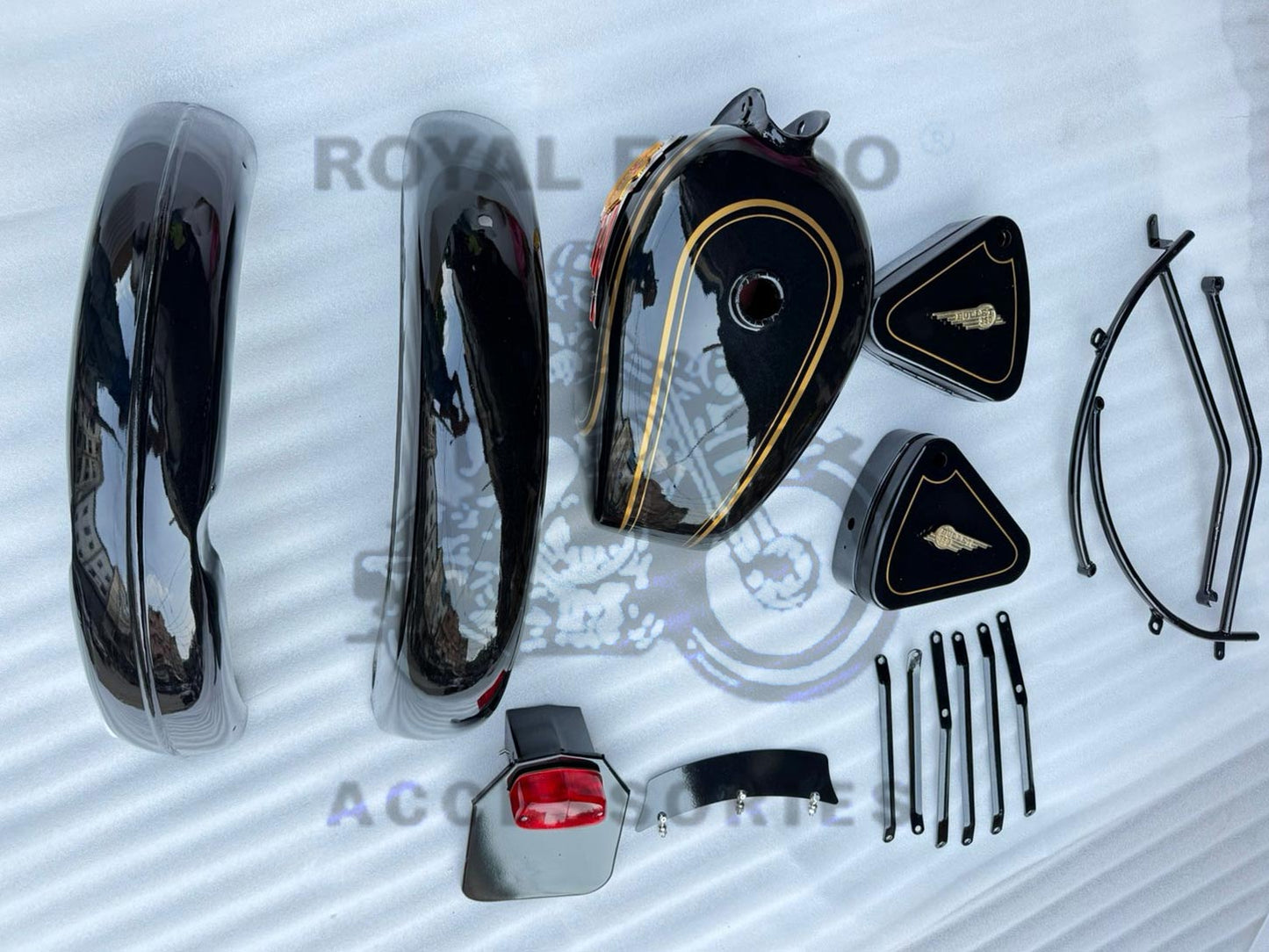 Vintage G2 Indore kit black, 1962 old model Bullet 350 kit (G2 mudguard with front and rear stays & front & rear number plate with tail light, G2 tank with monogram & toolbox flat for Royal Enfield Classic Electra Standard before 2013 model