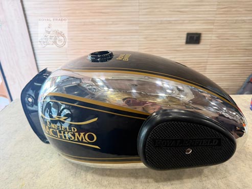 Royal Enfield Vintage Machismo Style 14 Gauge Chrome Aluminium Fuel Tank – Non-rusting, Black & Chrome With Gold Pinstripes & Knee Pads – For Classic, Electra, Standard, Vintage G2