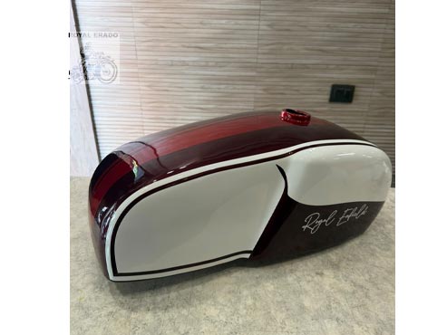 Royal Enfield Cafe Racer Gt 650 Style Custom Fuel Tank – Metallic Wine Red & Ivory White Dual Tone With Pinstripes – Custom Tank For Classic, Electra, Standard & Thunderbird
