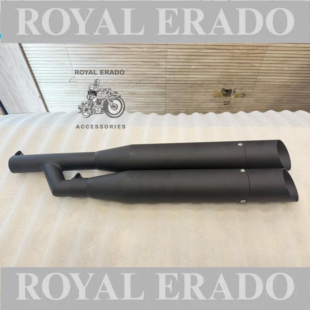Royal enfield black double silencer with glass wool gives base sound for classic electra standard thunderbird reborn classic , new battalion standard