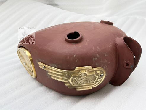 Royal Enfield Raw Tank Without Paint, With Brass Knee Pad & Brass Tank Monogram, With 2 Tank Caps For Classic Electra Standard Vintage 1962 Old Model Bullet 350