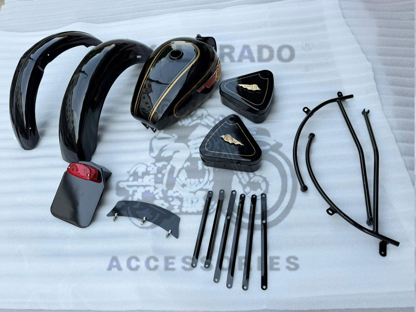 Vintage G2 Indore kit black, 1962 old model Bullet 350 kit (G2 mudguard with front and rear stays & front & rear number plate with tail light, G2 tank with monogram & toolbox flat for Royal Enfield Classic Electra Standard before 2013 model