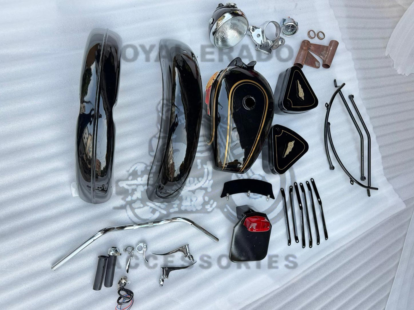 Vintage G2 Kit Indore Kit In Black (G2 Mudguard With Front And Rear Stays & Front & Rear Number Plate With Tail Light, G2 Tank With Monogram & Toolbox, Lever Handle Kit & G2 Head Light Assembly)