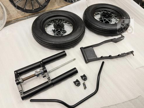 Harley Style Bobber Kit With Front And Rear Wheel & Balloon Tyre  (Tyre Size 16" By 5") Front Front Fork & Broad Swing Arm, Harley Style Handlebar For Royal Enfield Classic Electra Standard Thunderbird