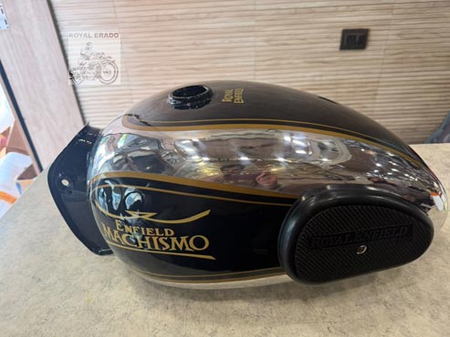 Royal Enfield Vintage Machismo Style 14 Gauge Chrome Aluminium Fuel Tank – Non-rusting, Black & Chrome With Gold Pinstripes & Knee Pads – For Classic, Electra, Standard, Vintage G2