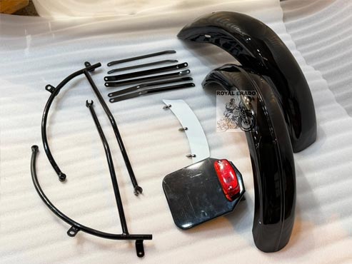 Royal Enfield Front And Rear G2 1962 Model Black Painted Mudguard With Stays & Front, Rear Number Plate For Classic Electra Standard