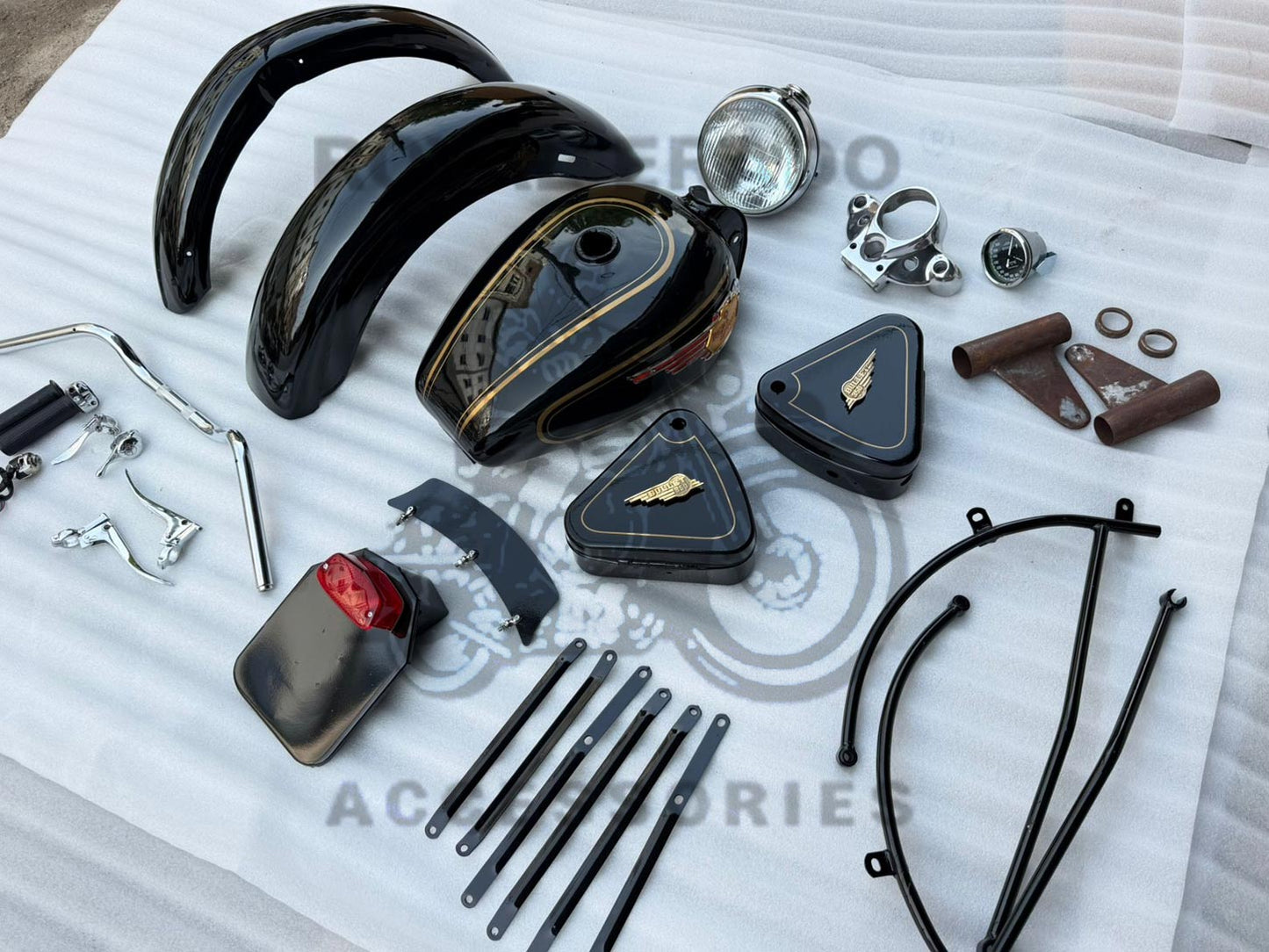 Vintage G2 Kit Indore Kit In Black (G2 Mudguard With Front And Rear Stays & Front & Rear Number Plate With Tail Light, G2 Tank With Monogram & Toolbox, Lever Handle Kit & G2 Head Light Assembly)