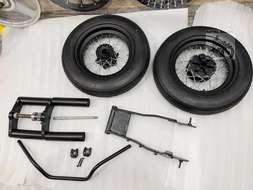 Harley Style Bobber Kit With Front And Rear Wheel & Balloon Tyre  (Tyre Size 16" By 5") Front Front Fork & Broad Swing Arm, Harley Style Handlebar For Royal Enfield Classic Electra Standard Thunderbird