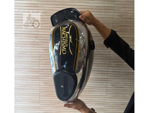 Royal Enfield Vintage Machismo Style 14 Gauge Chrome Aluminium Fuel Tank – Non-rusting, Black & Chrome With Gold Pinstripes & Knee Pads – For Classic, Electra, Standard, Vintage G2