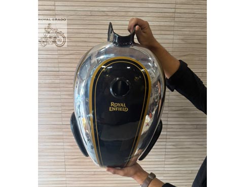 Royal Enfield Vintage Machismo Style 14 Gauge Chrome Aluminium Fuel Tank – Non-rusting, Black & Chrome With Gold Pinstripes & Knee Pads – For Classic, Electra, Standard, Vintage G2