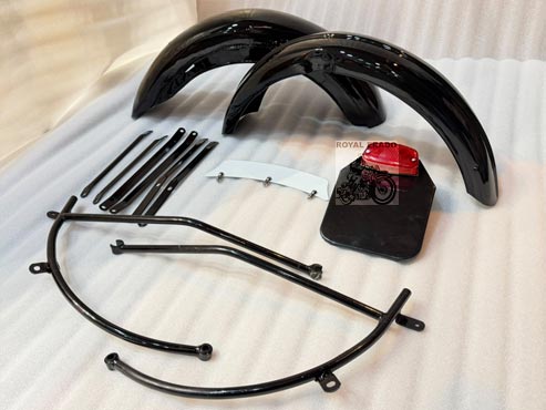 Royal Enfield Front And Rear G2 1962 Model Black Painted Mudguard With Stays & Front, Rear Number Plate For Classic Electra Standard