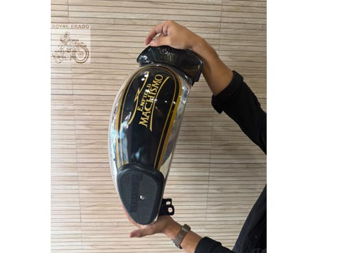 Royal Enfield Vintage Machismo Style 14 Gauge Chrome Aluminium Fuel Tank – Non-rusting, Black & Chrome With Gold Pinstripes & Knee Pads – For Classic, Electra, Standard, Vintage G2