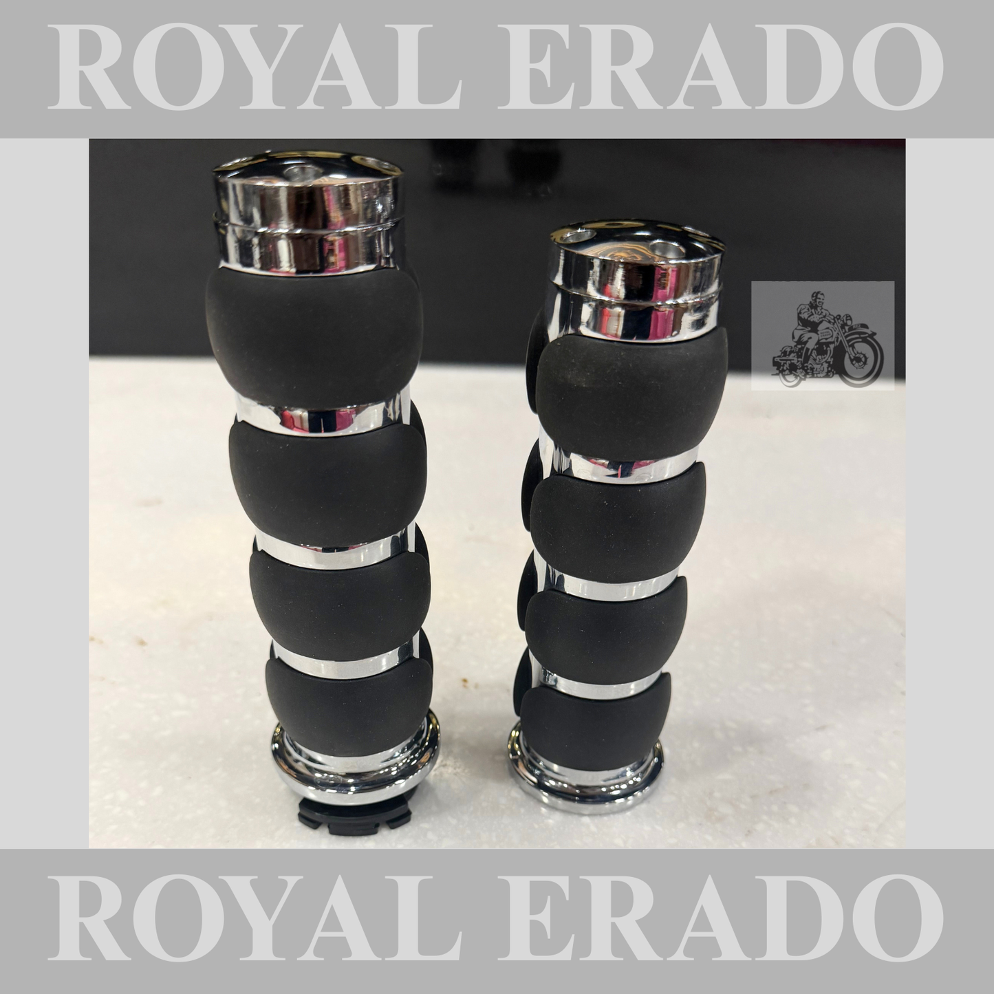 Royal Enfield Harley style grip in chrome for a comfortable ride with cushion on rubber for classic reborn Electra Standard, New Battalion Meteor 350, Hunter 350 Super Meteor 650 Interceptor &amp; Continental GT 650, Thunderbird shotgun 650 Himalayan.