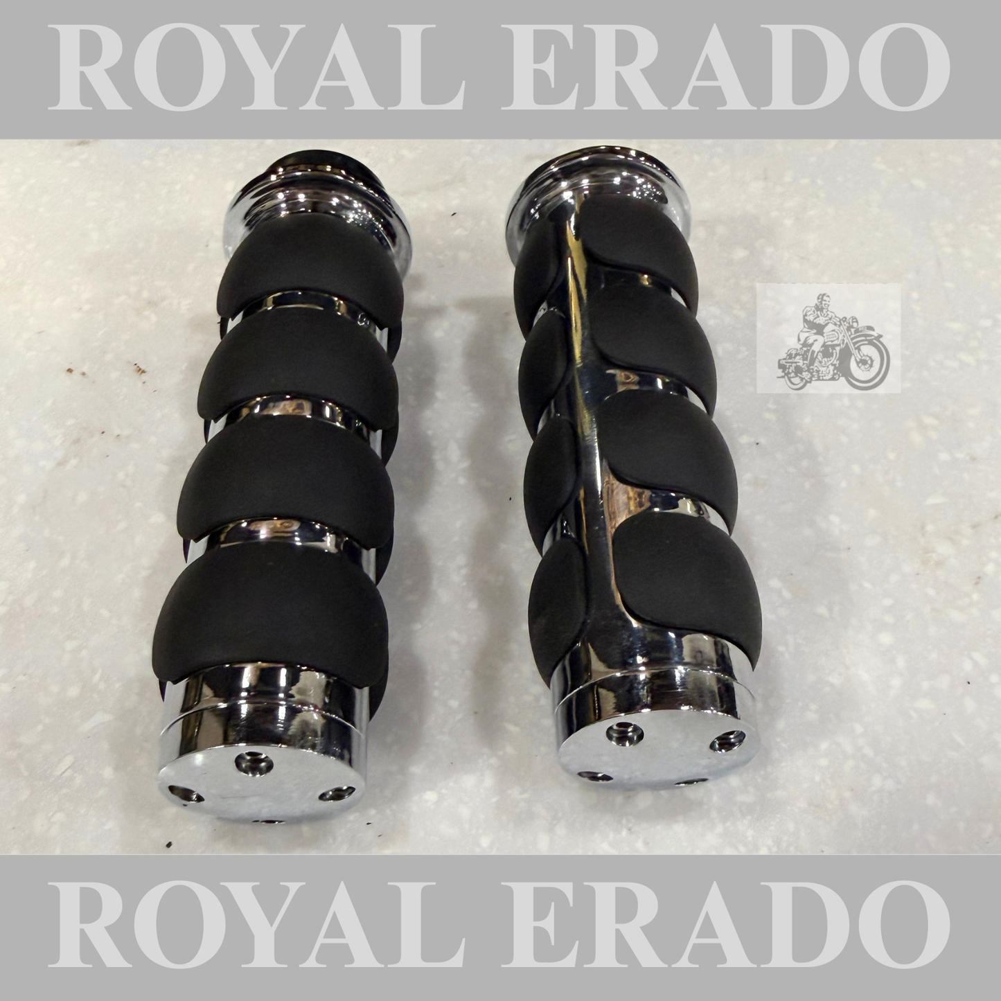 Royal Enfield Harley style grip in chrome for a comfortable ride with cushion on rubber for classic reborn Electra Standard, New Battalion Meteor 350, Hunter 350 Super Meteor 650 Interceptor &amp; Continental GT 650, Thunderbird shotgun 650 Himalayan.