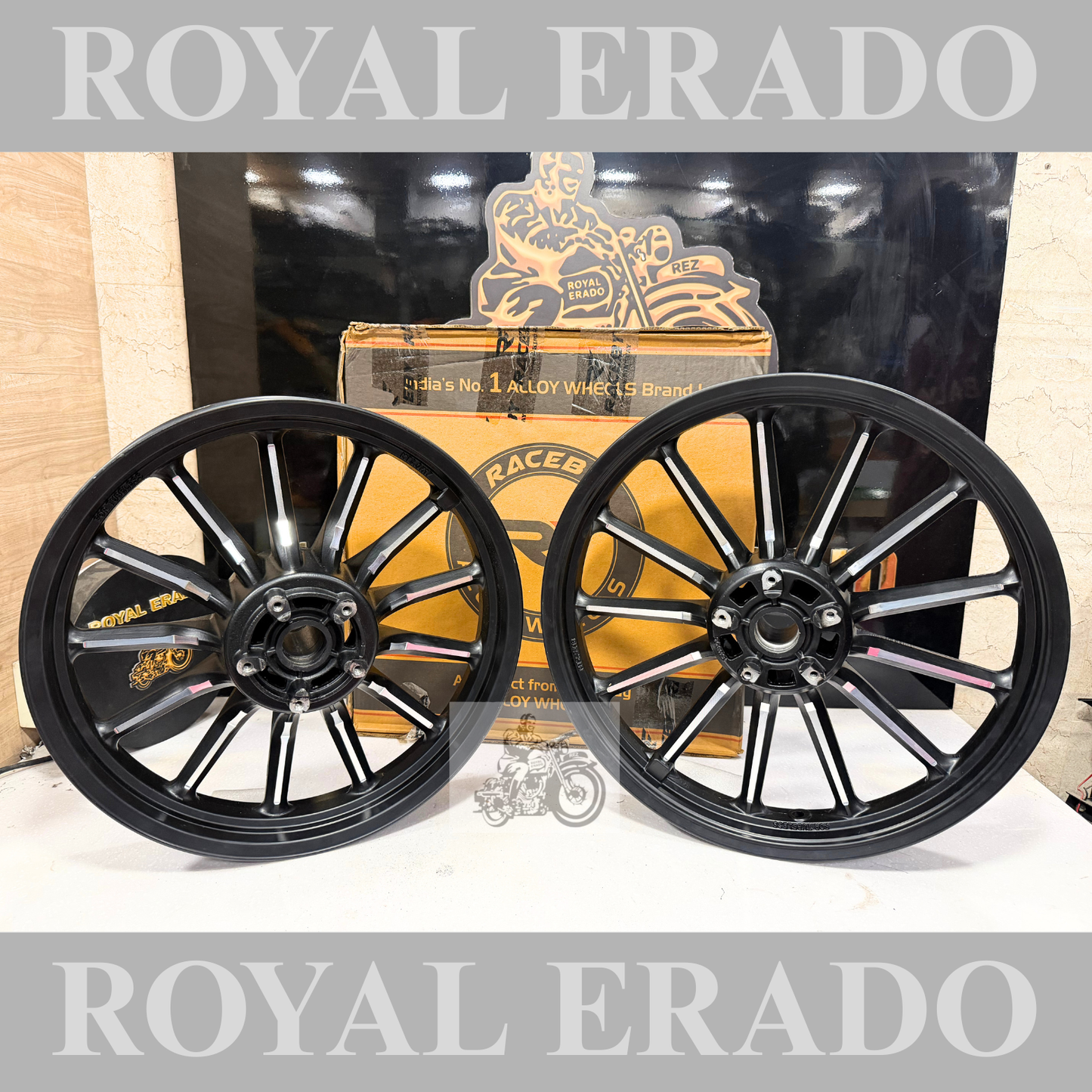 Raceby company Jawa alloy wheel front 18” disc and rear 17” disc in Harley style 13 spoke Matt black.