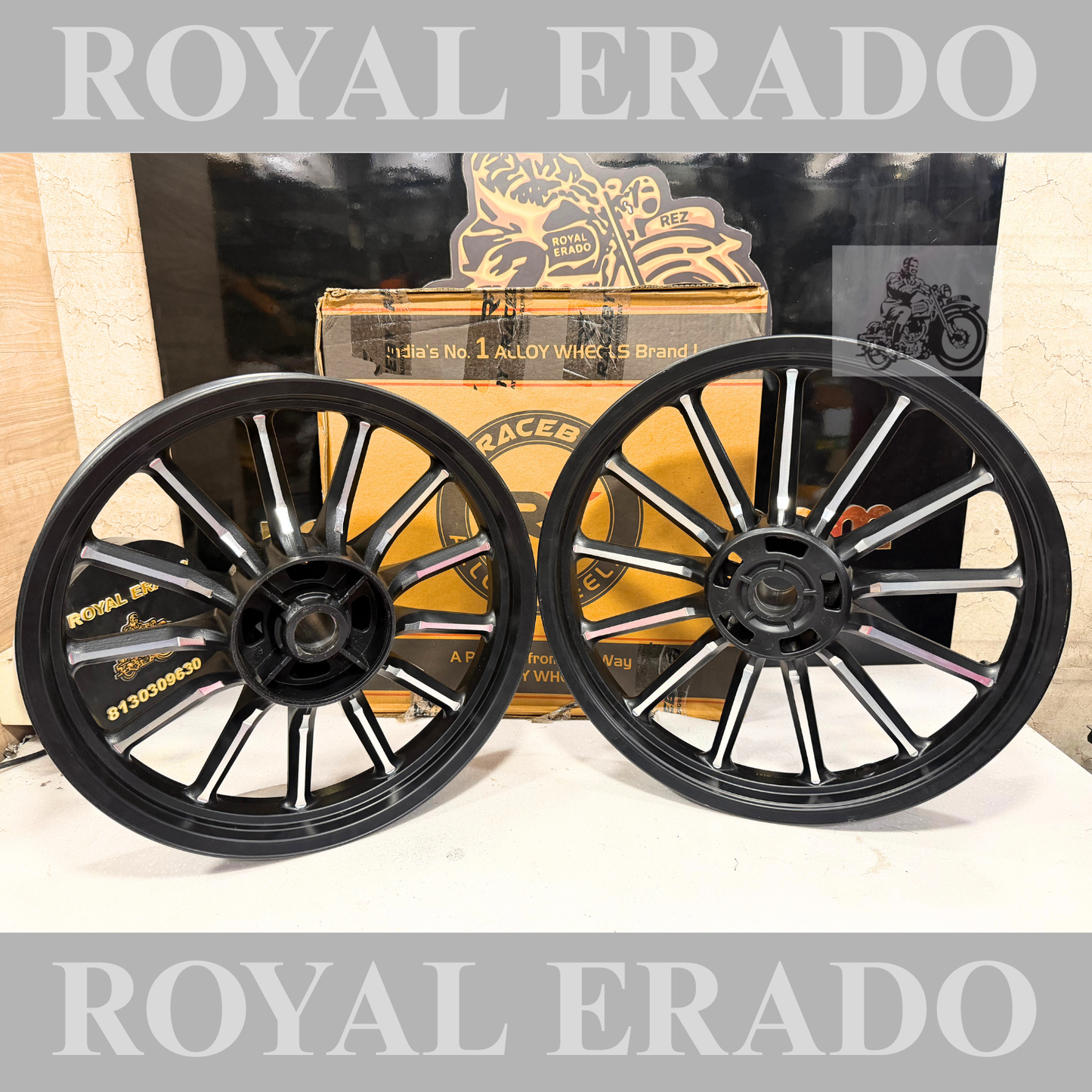 Raceby company Jawa alloy wheel front 18” disc and rear 17” disc in Harley style 13 spoke Matt black.