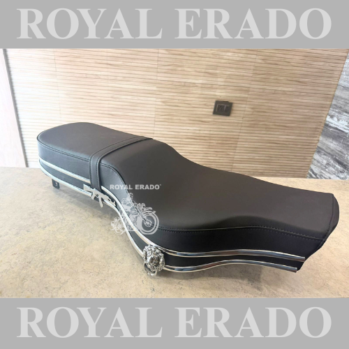 Royal Enfield vintage G2-style seat for Classic Electra Standard Reborn Classic Battalion New Standard seat with chrome lion and rifle monogram AK-47 logo.