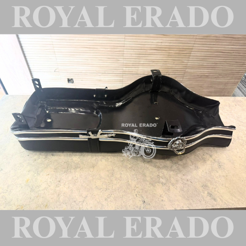Royal Enfield vintage G2-style seat for Classic Electra Standard Reborn Classic Battalion New Standard seat with chrome lion and rifle monogram AK-47 logo.