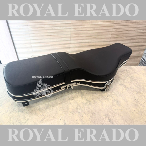 Royal Enfield vintage G2-style seat for Classic Electra Standard Reborn Classic Battalion New Standard seat with chrome lion and rifle monogram AK-47 logo.