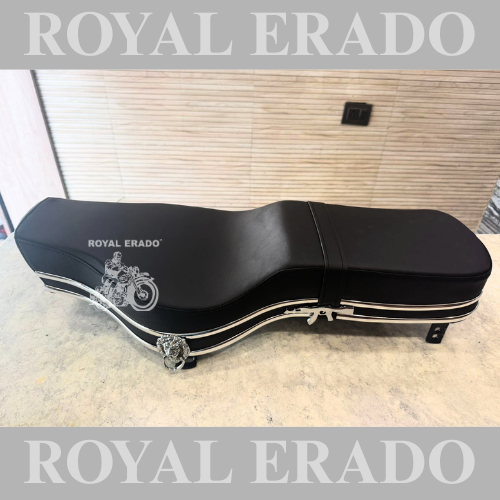 Royal Enfield vintage G2-style seat for Classic Electra Standard Reborn Classic Battalion New Standard seat with chrome lion and rifle monogram AK-47 logo.