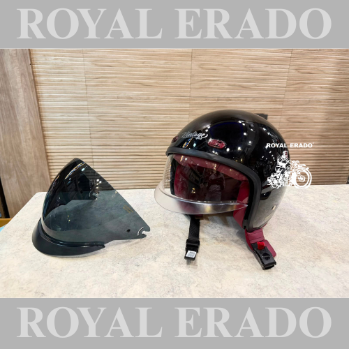 Vintage Black half-face open-face helmet with bubble visor for Royal Enfield Vintage G2 1962 old model Bullet 350 Reborn Classic Electra and Standard new Battalion Hunter 350 Meteor 350 Super Meteor 650 Goan Classic 650 twin, Jawa Bobber and Perak.