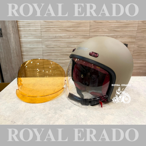 Vintage Desert Storm colour brown half-face open-face helmet with bubble visor for Royal Enfield Vintage G2 1962 old model Bullet 350 Reborn Classic desert Electra and Standard New Battalion Hunter 350 Meteor 350 Super Meteor 650 Goan Classic 650 twin